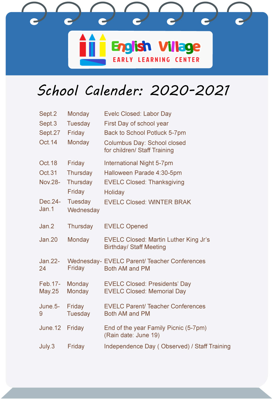 2020 - 2021 Event Calendar